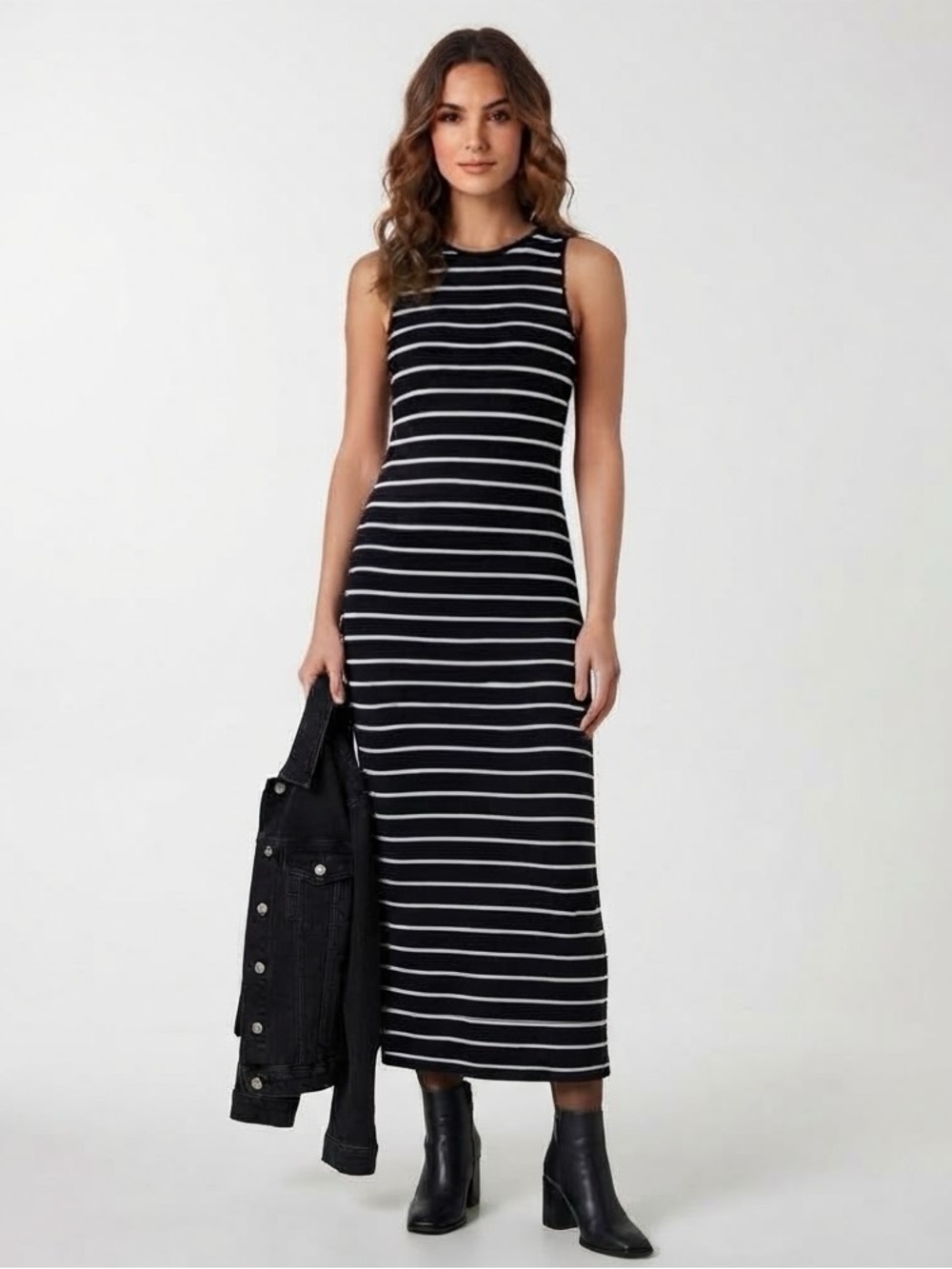 See You Monday Striped Black and White Midi Dress